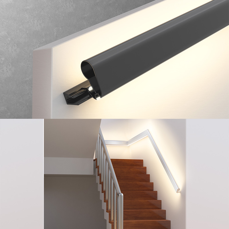 Lighted Wall Mounted Aluminum Black Stair Handrail LED Profile - Up Down Lighting